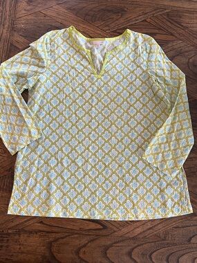 J. Jill Lime Green/Aqua Boho Tunic Top, V Neck, Cotton, Lightweight, Sz M Petite